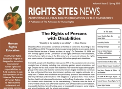 [ai] A newsletter titled 'Rights Sites News' from Spring 2010, featuring an article on the rights of persons with disabilities, including definitions and insights on human rights education.